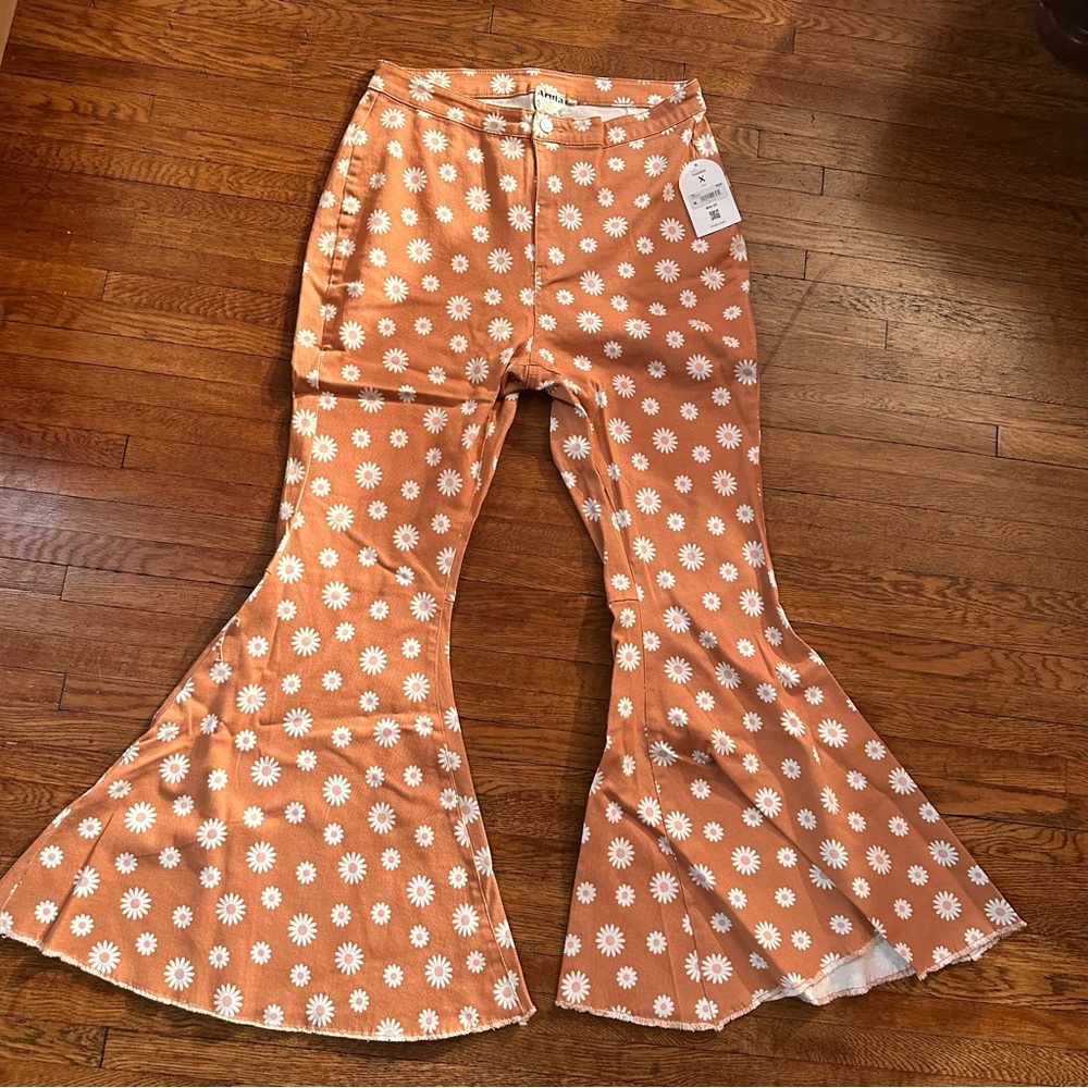 Altar'd State Arula Xquisite Ultra Flare Jeans Rust Orange Tan Bell Bottom XL
